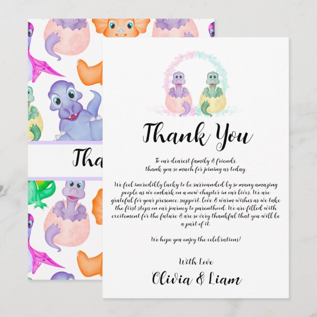 Watercolour Dinosaur Gender Reveal Thank You Card (Front/Back)
