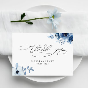 Watercolour Dusty Blue Floral Elegant Wedding Thank You Card