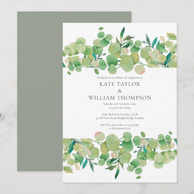 Watercolour Eucalyptus Greenery Engagement Party Invitation (Front/Back)
