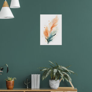 Watercolour Feather Art Print Boho Orange Teal F