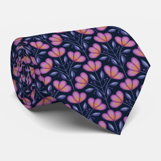 Watercolour Flora Motif Tie Navy (Rolled)