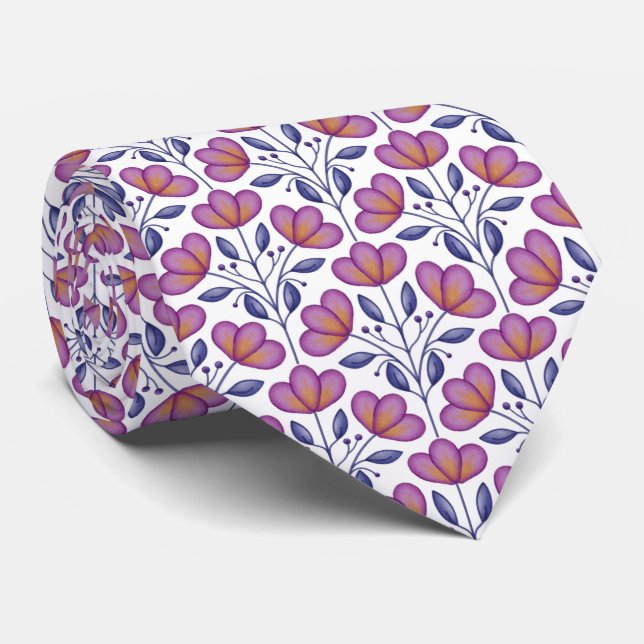 Watercolour Flora Motif Tie White (Rolled)
