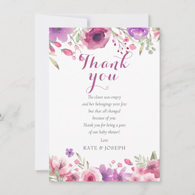 Watercolour Floral Baby Girl Shower Thank You Poem Card (Front)