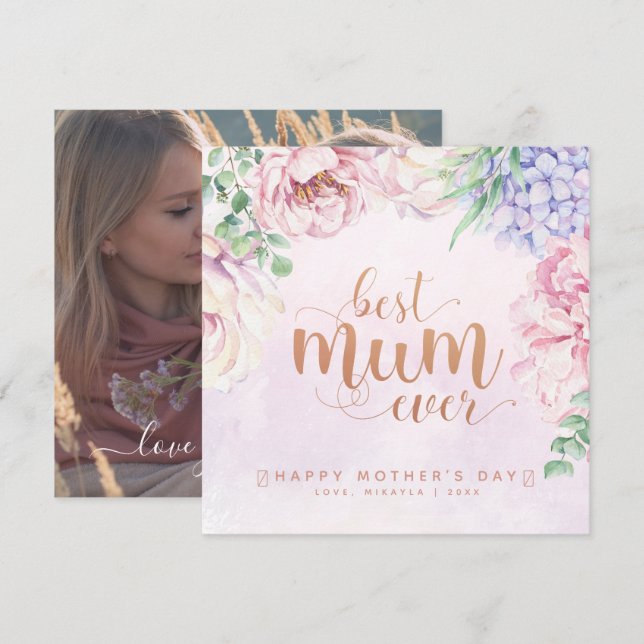 Watercolour Floral Best Mum Ever Photo Card (Front/Back)
