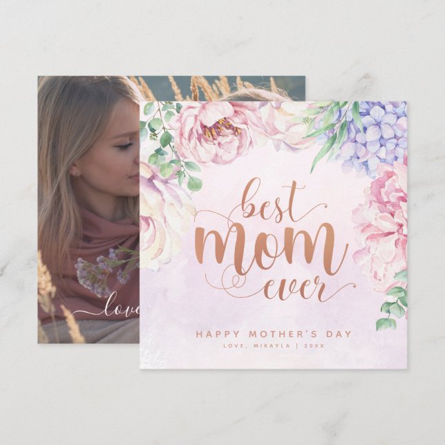 Watercolour Floral Best Mum Ever Photo Card (Front/Back)