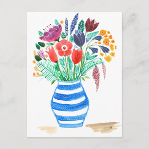 Watercolour Floral Blue Vase, Bright Flowers Postcard
