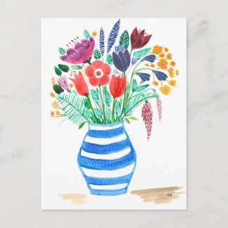 Watercolour Floral Blue Vase, Bright Flowers Postcard