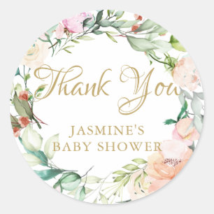 Watercolour Floral gold script baby shower Classic Round Sticker