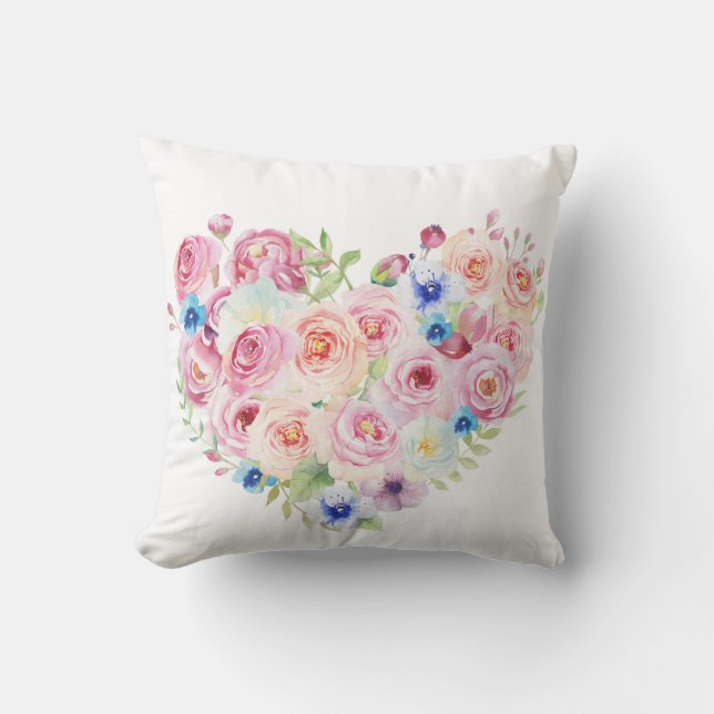 Watercolour Floral Heart Throw Cushion (Front)