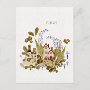 Watercolour floral little house postcard