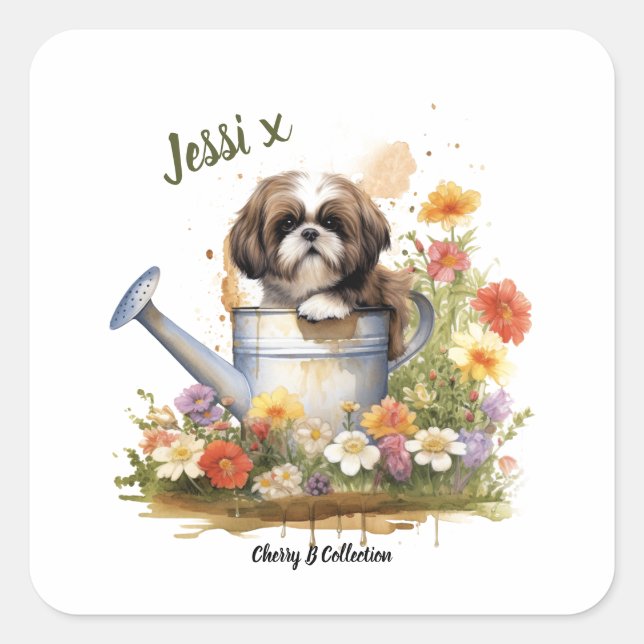 Watercolour Floral Shih Tzu, can be personalised Square Sticker (Front)