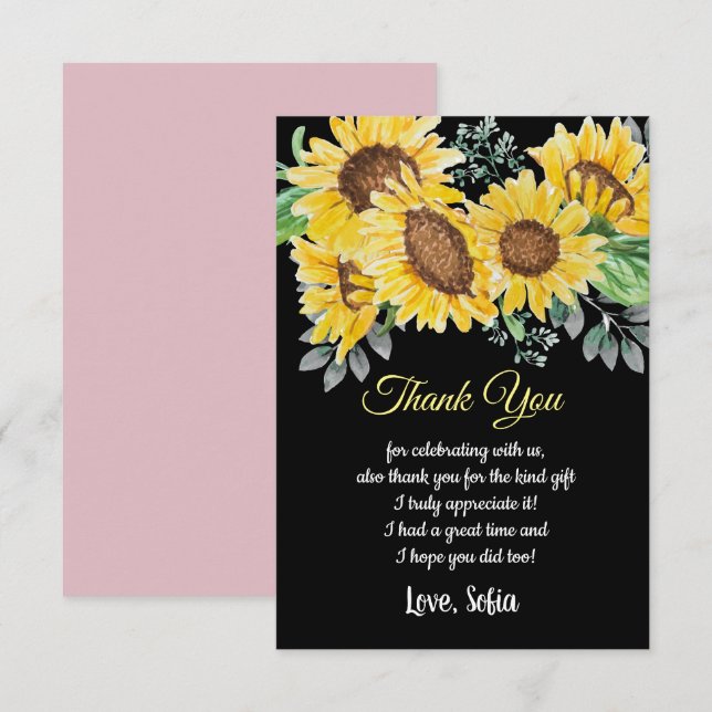 watercolour floral, sunflower, thank you card (Front/Back)