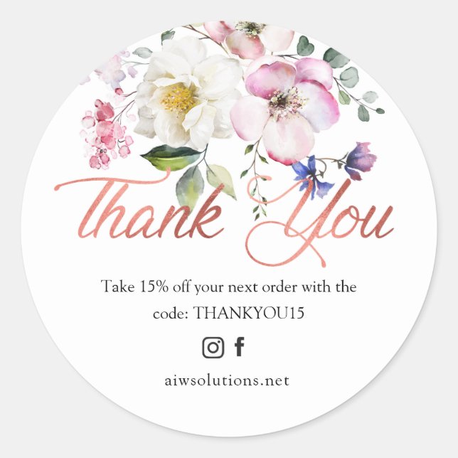 Watercolour flower and rose gold thank you round s classic round sticker (Front)