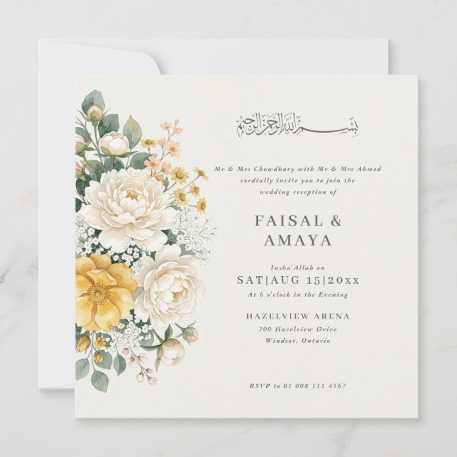 Watercolour Flower Islamic Wedding Invitation (Front)