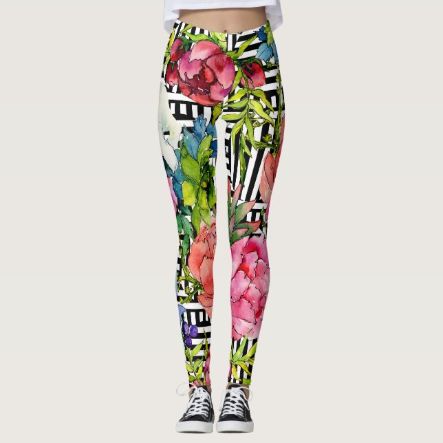 Watercolour Flowers Geometric Black White Pattern Leggings (Front)