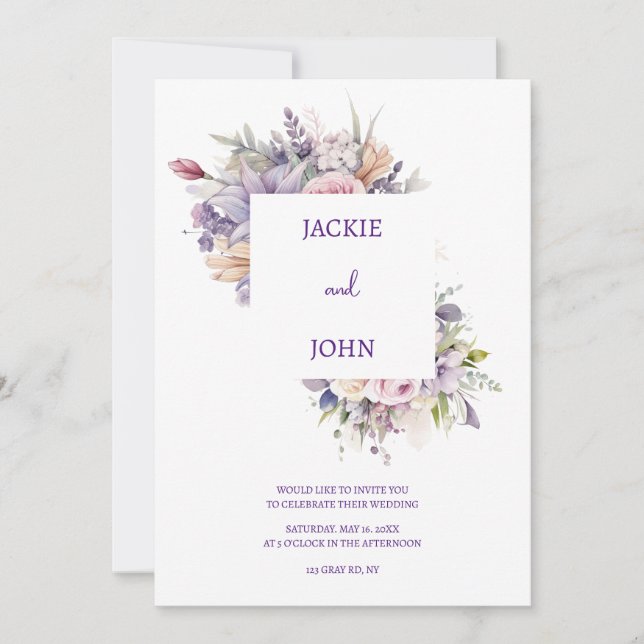 Watercolour flowers. Wedding. Invitation (Front)