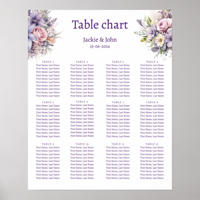 Watercolour flowers. Wedding seating chart. Poster (Front)