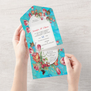 Watercolour Flowers with Visiting Butterflies. All All In One Invitation