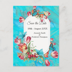 Watercolour Flowers with Visiting Butterflies Announcement Postcard