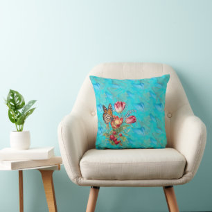 Watercolour Flowers with Visiting Butterflies. Cushion