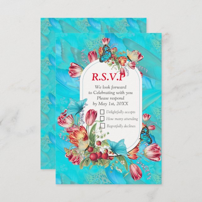 Watercolour Flowers with Visiting Butterflies RSVP Card (Front/Back)