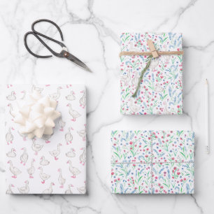 Watercolour Geese and Wildflowers Wrapping Paper Sheet