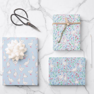 Watercolour Geese and Wildflowers Wrapping Paper Sheet