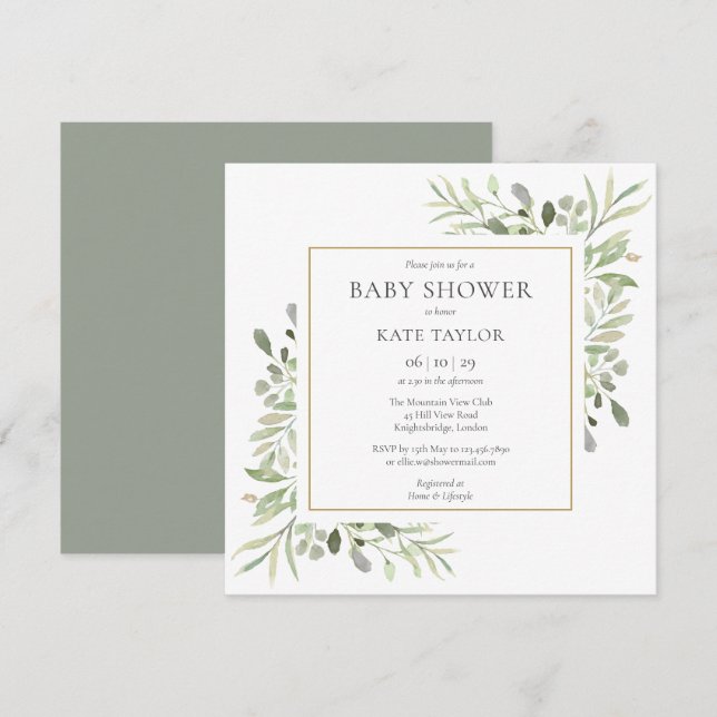Watercolour Gold Greenery Baby Shower | Sprinkle Invitation (Front/Back)