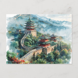 Watercolour Great Wall China Asia Travel Postcard