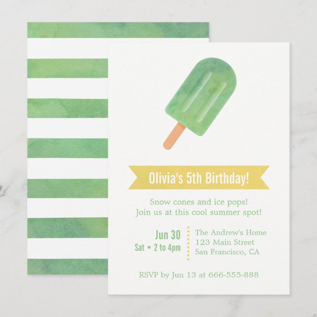 Watercolour Green Ice Pop Lolly Birthday Party Invitation (Front/Back)