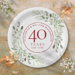 Watercolour Greenery 40th Wedding Anniversary Paper Plate<br><div class="desc">Featuring delicate soft watercolour leaves,  this chic botanical 40th wedding anniversary paper plate can be personalised with your special anniversary information in elegant ruby red text. Designed by Thisisnotme©</div>