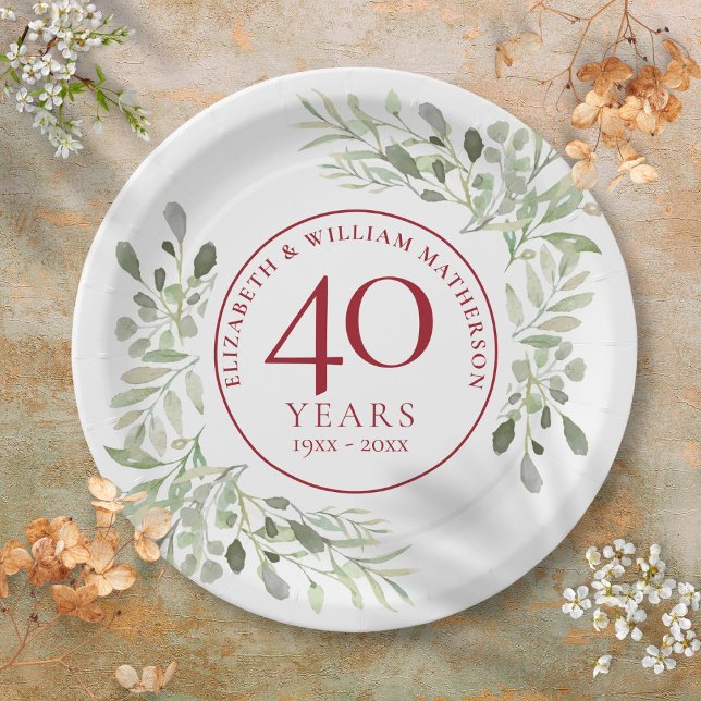 Watercolour Greenery 40th Wedding Anniversary Paper Plate (Watercolour Greenery 40th Wedding Anniversary Paper Plates)