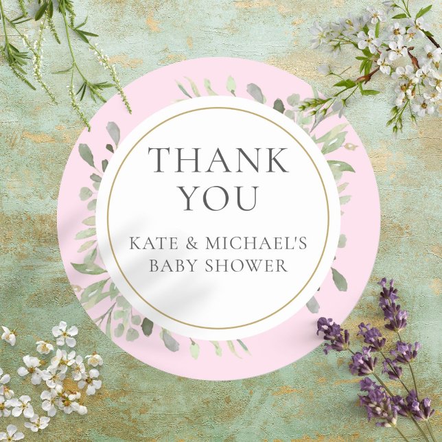 Watercolour Greenery Baby Pink Shower Thank You Classic Round Sticker (Watercolour Greenery Baby Pink Shower Thank You Classic Round Sticker)
