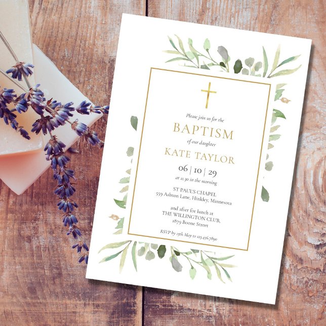 Watercolour Greenery Baptism Christening Invitation (Creator Uploaded)