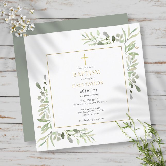 Watercolour Greenery Baptism Christening Invitation (Creator Uploaded)