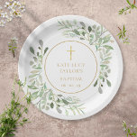 Watercolour Greenery Baptism | Christening Paper Plate<br><div class="desc">Featuring delicate watercolour leaves and an elegant gold crucifix,  this chic gender neutral baptism or christening plate can be personalised with your special event information. Designed by Thisisnotme©</div>