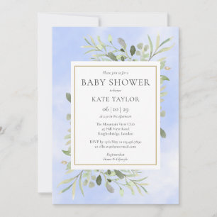 Watercolour Greenery Blue Baby Shower   Sprinkle Invitation