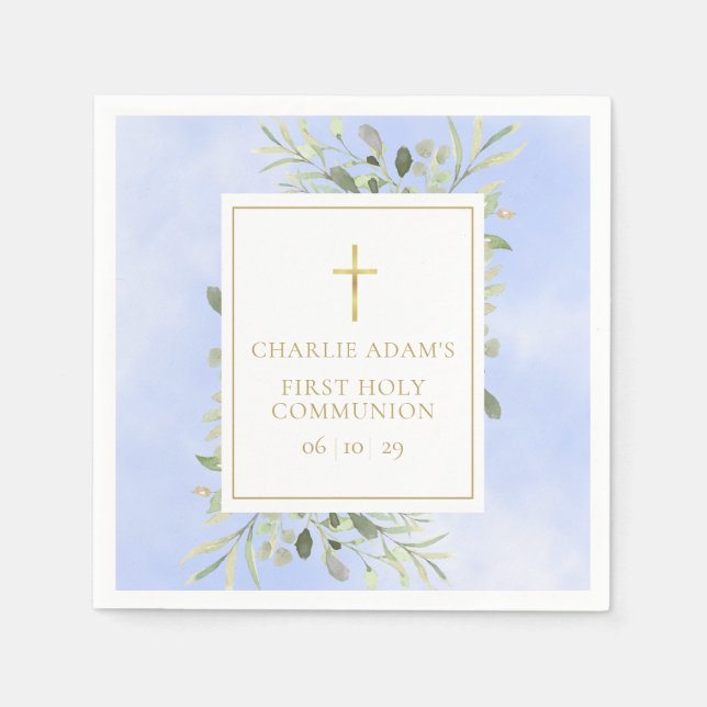 Watercolour Greenery Blue First Holy Communion Napkin (Front)