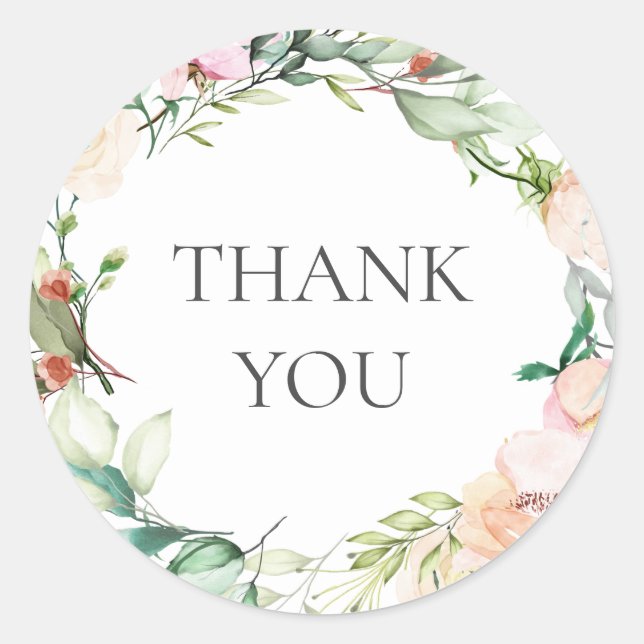 Watercolour Greenery Floral Thank You Classic Round Sticker (Front)