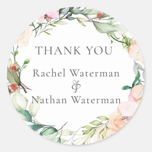 Watercolour Greenery Floral Wedding Thank You Classic Round Sticker (Front)