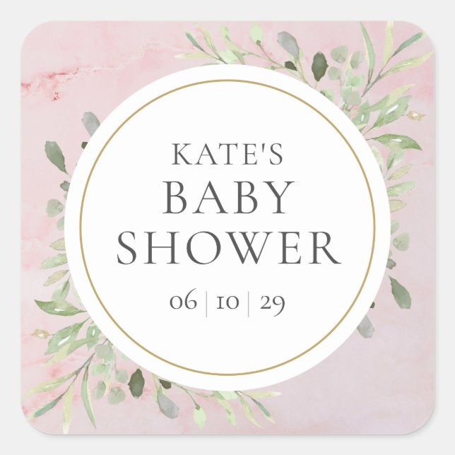 Watercolour Greenery Girl Baby Shower Pink Marble Square Sticker (Front)