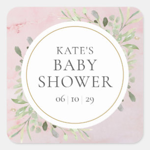 Watercolour Greenery Girl Baby Shower Pink Marble Square Sticker