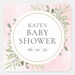 Watercolour Greenery Girl Pink Baby Shower Square Sticker