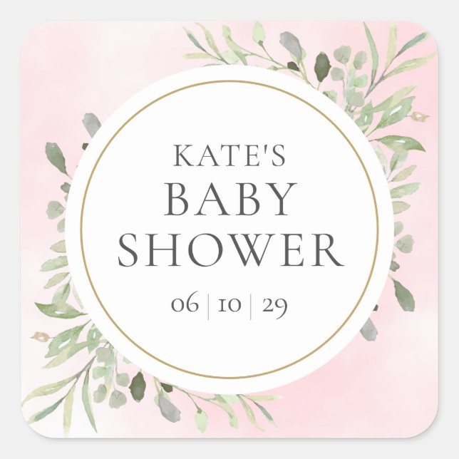 Watercolour Greenery Girl Pink Baby Shower Square Sticker (Front)