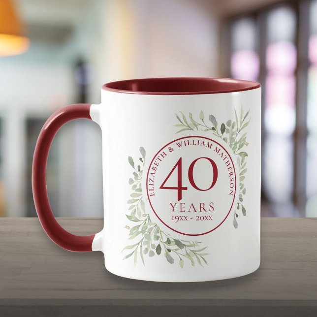 Watercolour Greenery Leaves 40th Anniversary Mug (Soft Watercolour Leaves 40th Anniversary Mug)