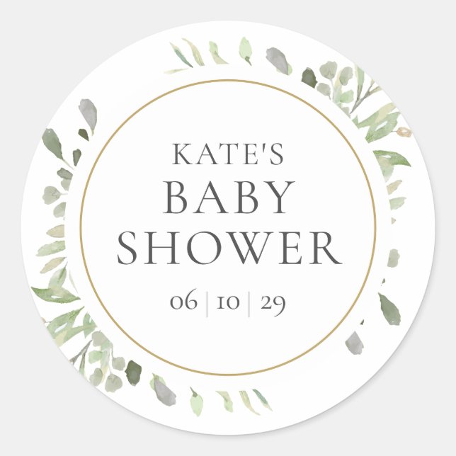 Watercolour Greenery Leaves Baby Shower Classic Round Sticker (Front)