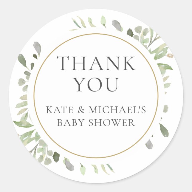Watercolour Greenery Leaves Baby Shower Thank You Classic Round Sticker (Front)
