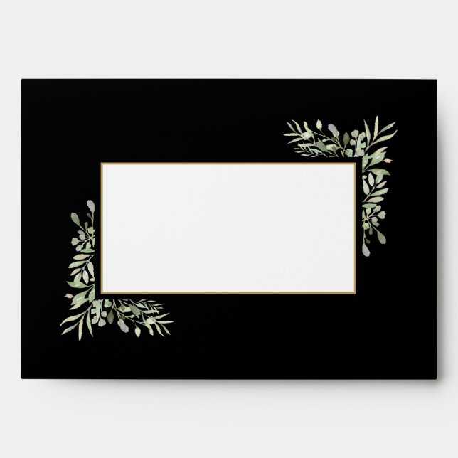 Watercolour Greenery Leaves Black Gold Envelope (Front)