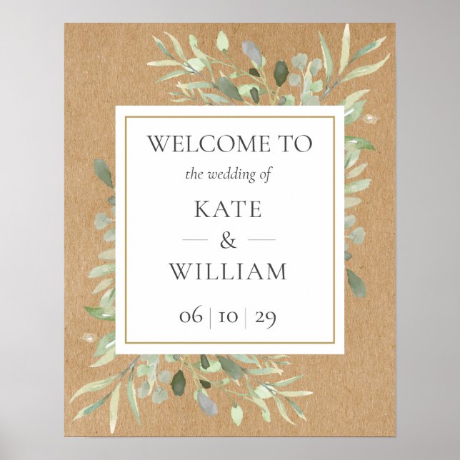 Watercolour Greenery Leaves Wedding Welcome Sign (Front)