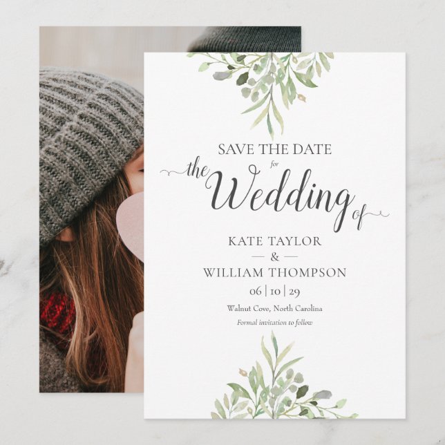 Watercolour Greenery Photo Script Wedding Save The Date (Front/Back)